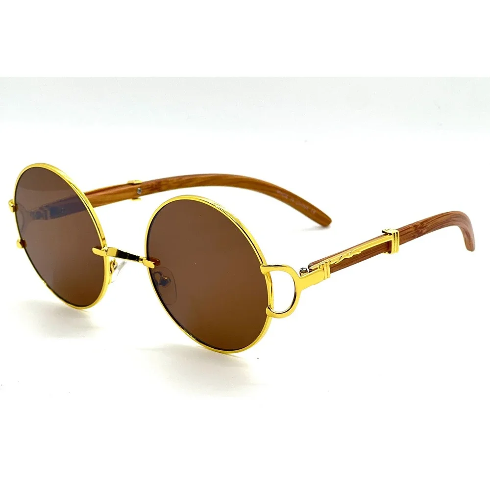 Round Sunglasses Gold Frame Wood Temple‎ Men's Fashion Statement Street Wear Rap
